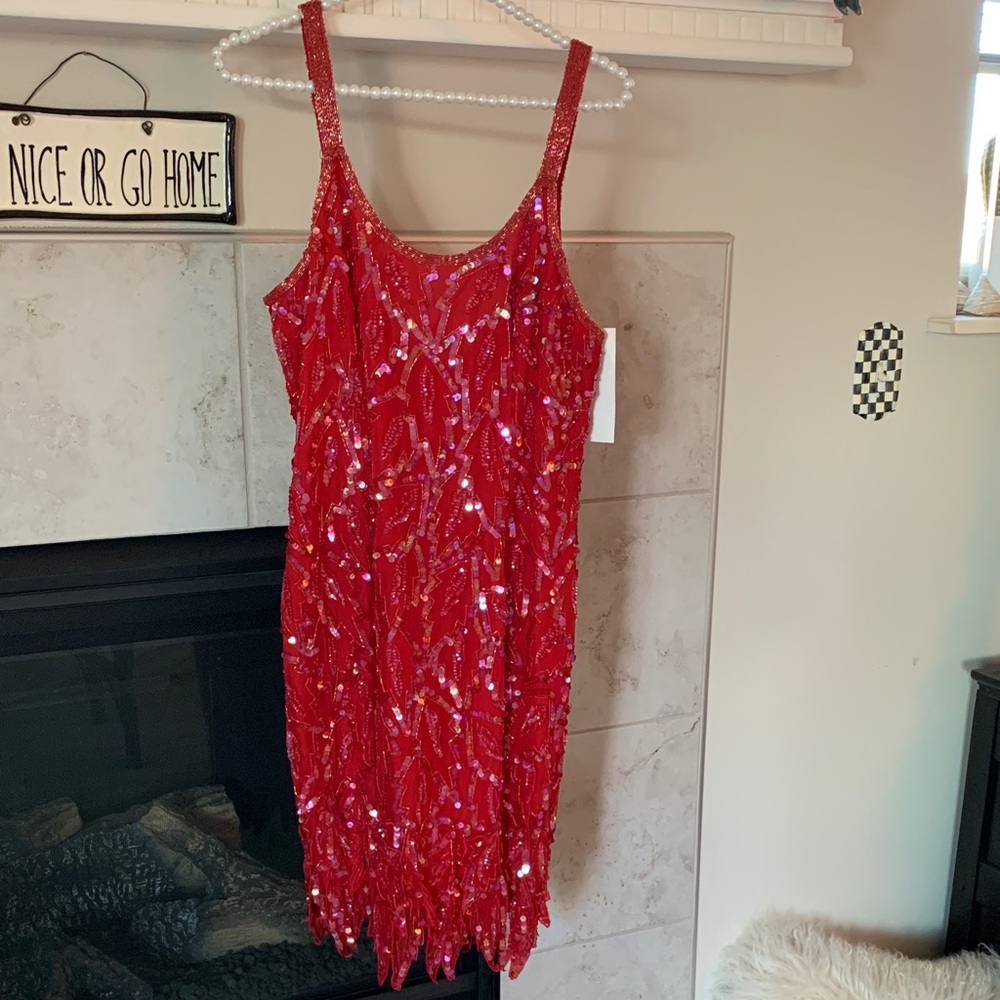 NWT Lawrence Kazar Red Silk Sequin Strap Dress Size L